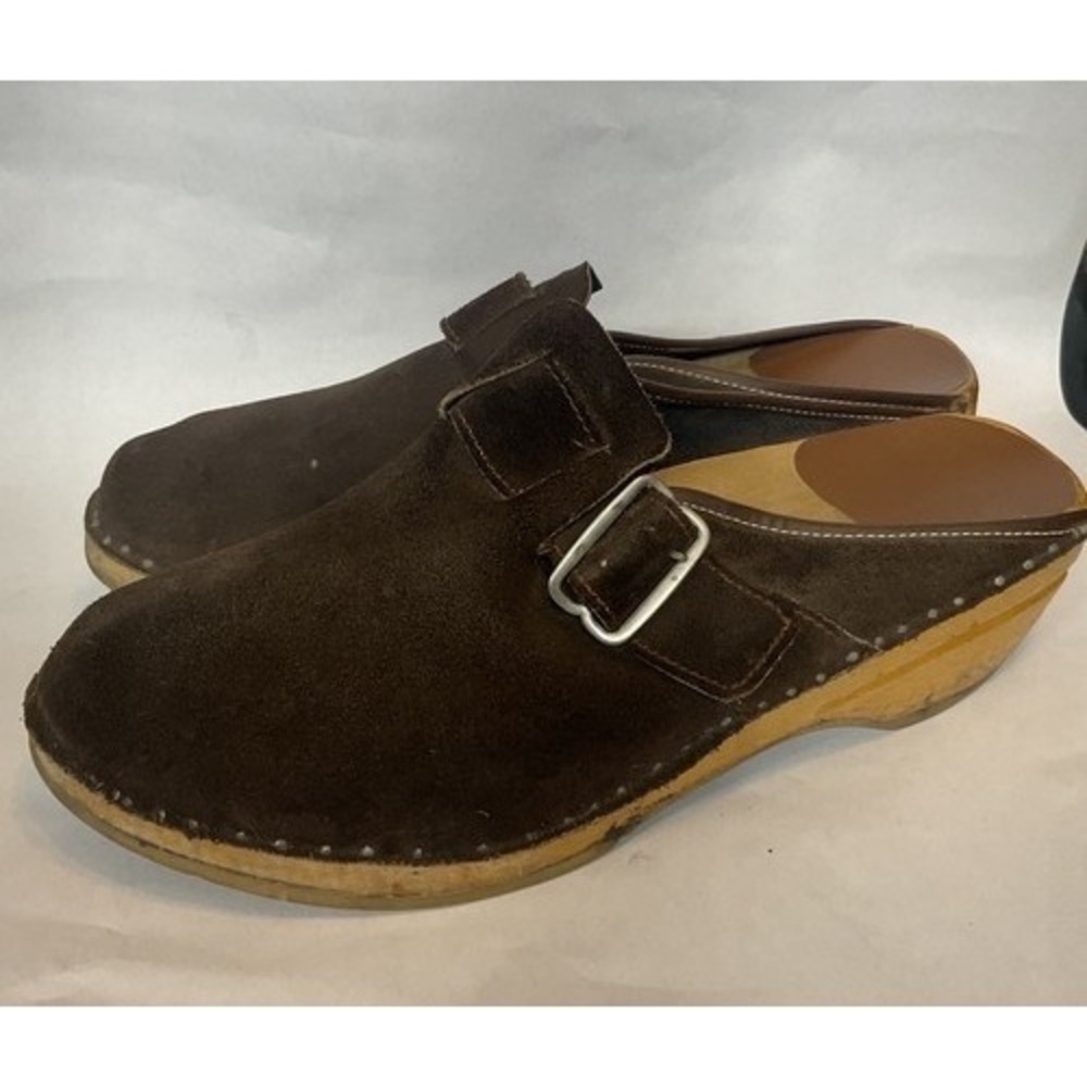 VTG Bastad Brown Buckle Swedish Wooden Clogs Sandals Men 46/US12.5 Sweden Wooden